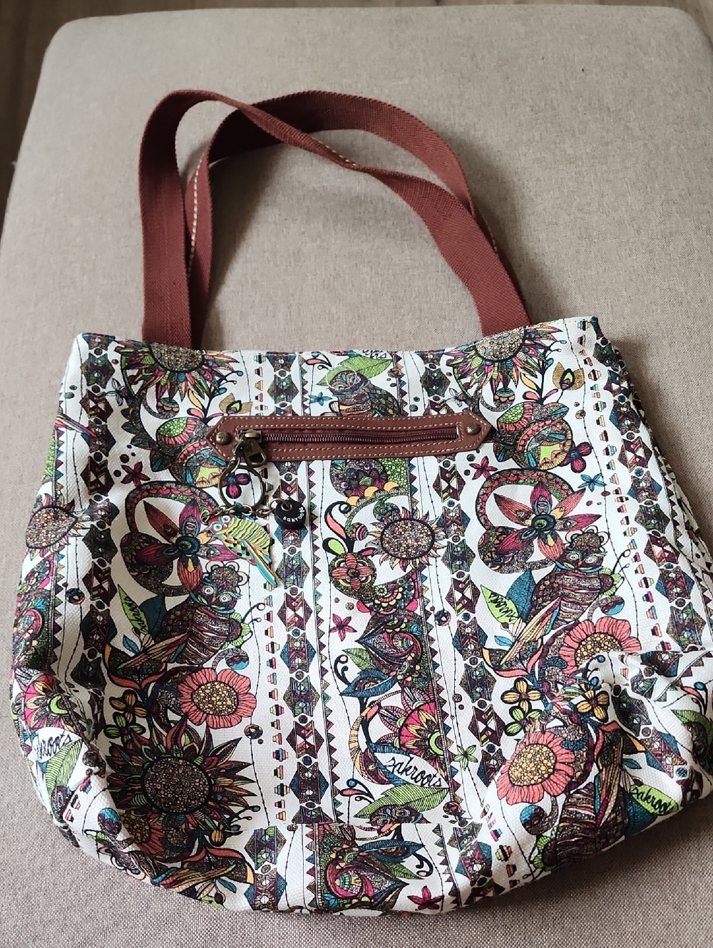 Sakroots White Floral & Multicolor Canvas Tote with Brown Straps